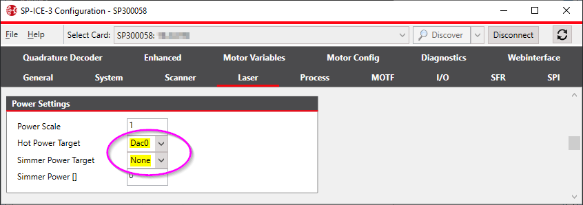 SP-ICE-3 Configuration-Power-Settings-Hot-DAC 0-Simmer-NONE